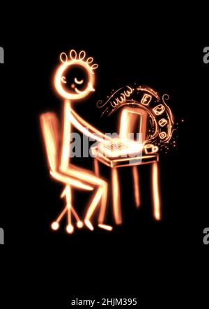 neon man on computer Stock Photo