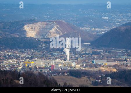 Aerial view of Gratkorn, Gratwein and Judendorf near with a huge paper factory and a stone pit in the background Stock Photo