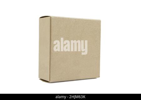 Single closed cardboard box isolated on white background. Carton cube Stock Photo
