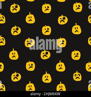 Seamless pattern of glowing halloween pumpkins on black background. Scary and funny faces. Cute Pumpkin or ghost. Vector autumn holidays illustration Stock Vector