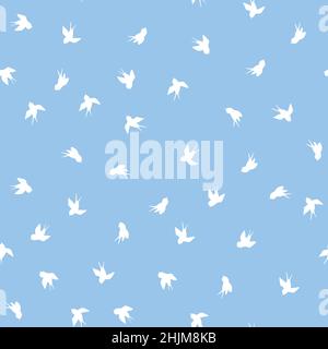 Seamless pattern with white swallow silhouette on blue background. Cute bird in flight. Vector illustration. Doodle style. Design for invitation Stock Vector
