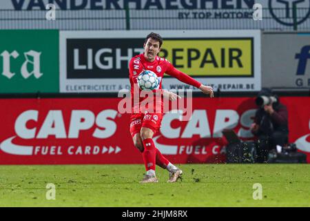 KORTRIJK, BELGIUM - JANUARY 30: Aleksandar Radovanovic of KV Kortrijk during the Jupiler Pro League match between KV Kortrijk and Club Brugge at Guldensporenstadion on January 30, 2022 in Kortrijk, Belgium (Photo by Ben Gal/Orange Pictures) Stock Photo