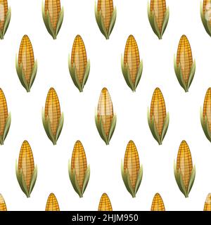 Seamless pattern with sweet golden corn on white background. Natural fresh bright tasty bunch of corn. Template vector illustration for packaging Stock Vector