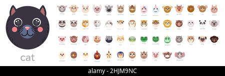 Round Animals Set Cute portraits with names cartoon illustration flat vector cat, dog, lama, unicorn, tiger, bear, rabbit, donkey, frog, hen, sheep isolated on white for UI, app, mobile, kids poster Stock Vector