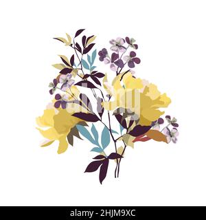 Vector floral illustration. Bouquet of yellow flowers with burgundy twigs and leaves. Stock Vector