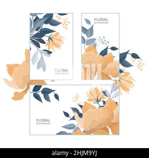 Vector horizontal and vertical banners with yellow-orange flowers and blue-green leaves. Stock Vector
