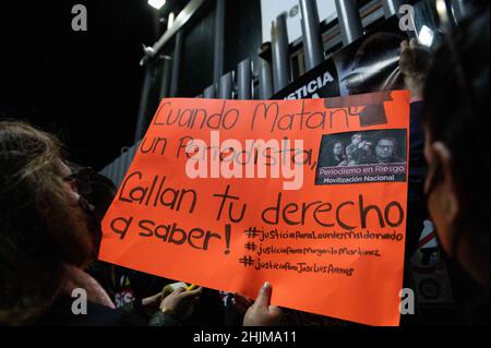 Tijuana, Baja California, Mexico. 26th Jan, 2022. Members of the press put up signs in front of the offices of the nation's general prosecutor as part of a nation wide protest of the recent killings of reporter Lourdes Maldonado and photographer Margarito MartÃ-nez Esquivel. (Credit Image: © Raquel Natalicchio/ZUMA Press Wire) Stock Photo