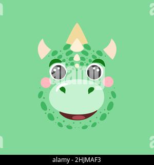 Cute dragon portrait square smile head cartoon round shape dinosaur green animal face, isolated vector icon illustration. Flat simple hand drawn for kids poster, UI app avatar, t-shirts, baby clothes Stock Vector
