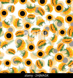 Summer colorful seamless pattern with orange sunflowers on white background. Cartoon style. Design for fabric, textile, posters, card, paper. Flowers Stock Vector