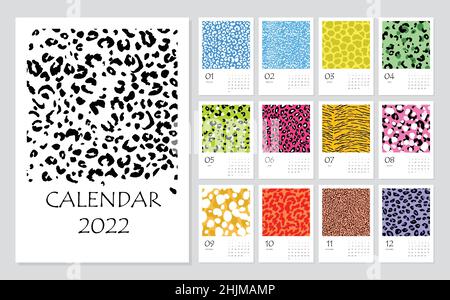 2022 calendar planner with abstract modern leopard pattern. Corporate week. Template layout, 12 months yearly. Simple design for business brochure Stock Vector