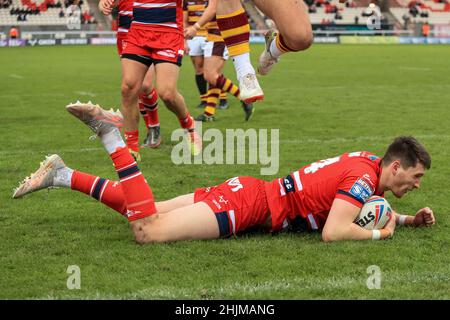 Sam Wood (24) of Hull KR goes over for a try in the first half Stock Photo