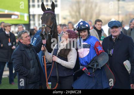 Racing at Cheltenham Racecourse, Prestbury Park on Festival Trials Day in January ahead of the Cheltenham Gold Cup Festival in March.   Sixth race 3.0 Stock Photo