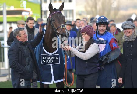 Racing at Cheltenham Racecourse, Prestbury Park on Festival Trials Day in January ahead of the Cheltenham Gold Cup Festival in March.   Sixth race 3.0 Stock Photo