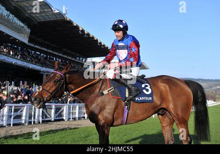 Racing at Cheltenham Racecourse, Prestbury Park on Festival Trials Day in January ahead of the Cheltenham Gold Cup Festival in March.   Sixth race 3.0 Stock Photo