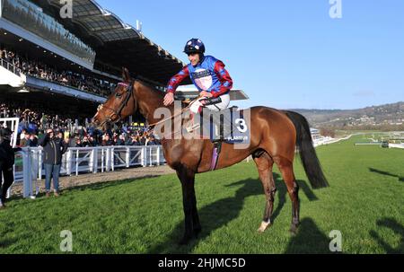 Racing at Cheltenham Racecourse, Prestbury Park on Festival Trials Day in January ahead of the Cheltenham Gold Cup Festival in March.   Sixth race 3.0 Stock Photo