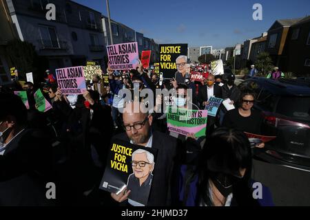 San Francisco, United States. 30th Jan, 2022. Protesters hold placards during the Asian Justice Rally.Some Asian organizations held a rally in five cities of the United States demanding justice for Asian-American crime victims. These five cities are Los Angeles, New York, San Francisco, Chicago and Atlanta. In San Francisco, around two hundred people took part in a rally, including the mayor of San Francisco, London Breed. The participants also commemorated Vicha Ratanapakdee death anniversary. Credit: SOPA Images Limited/Alamy Live News Stock Photo