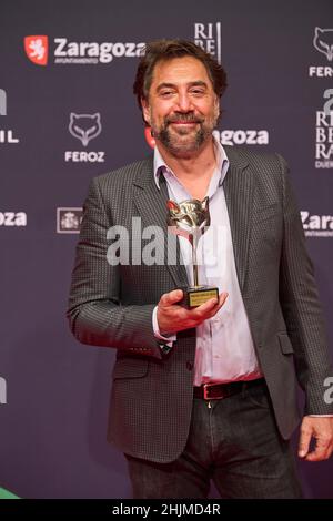 January 29, 2022, Zaragoza, Aragon, Spain: Javier Bardem attends Feroz Awards 2022 - Winners Room at Auditorium in Zaragoza, Spain (Credit Image: © Jack Abuin/ZUMA Press Wire) Stock Photo