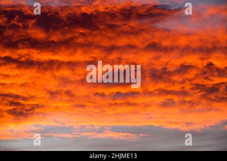 detail of clouds during sunset lit up from below with orange light Stock Photo