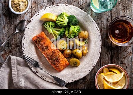 Delicious oven roasted salmon with grainy Dijon mustard and maple syrup glaze. Stock Photo