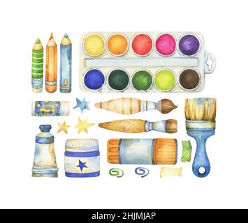 https://l450v.alamy.com/450v/2hjmjap/set-of-fun-whimsical-watercolor-clipart-school-art-craft-creativity-themed-graphics-including-paint-pencils-brushes-glue-stick-stationery-2hjmjap.jpg