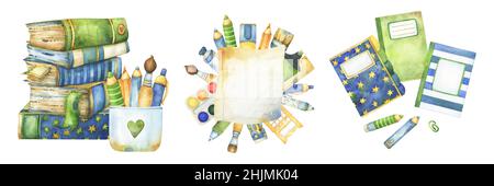 Set back to school, education, learning, reading, crafting, planning themed watercolor clipart, including stationery, books, notebooks, text plate Stock Photo