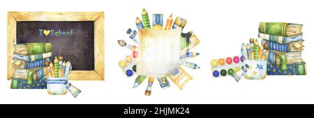 Watercolor back to school arrangements set, including chalkboard, books pile, pens, paint, text plate clipart, art and craft related cartoon style Stock Photo