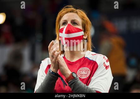 Budapest, Hungary, 30th January 2022. The fans of Denmark support their team during the Men's EHF EURO 2022, 3rd Place Match match between France v Denmark in Budapest, Hungary. January 30, 2022. Credit: Nikola Krstic/Alamy Stock Photo