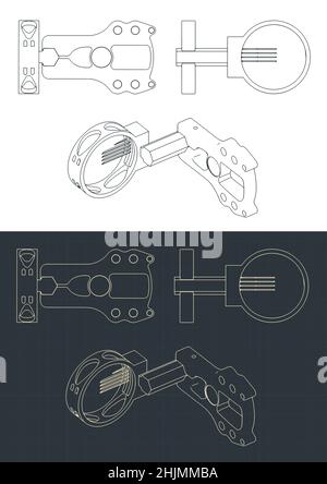 Stylized vector illustrations of isometric blueprints of a compound archery sight Stock Vector