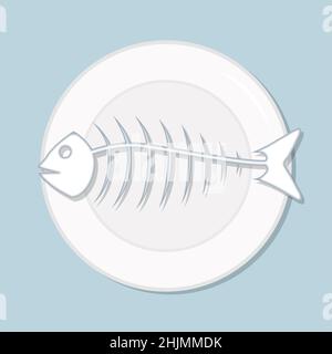 Fishbone. Eaten fish with salad healthy diet meal on plate. Seafood vector illustration. Simple flat stock image. fish skeleton on table healthy food Stock Vector