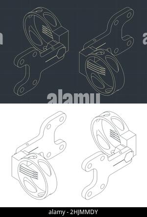 Stylized vector illustrations of isometric blueprints of a compound archery sight Stock Vector