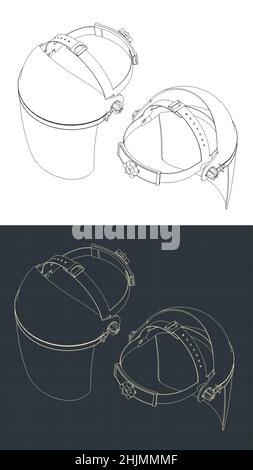 Stylized vector illustrations of isometric blueprints of protective face plastic mask Stock Vector