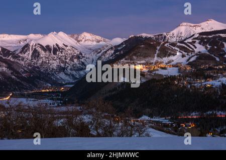 The San Juan Mountains and Telluride, Colorado in winter with fresh snow Stock Photo