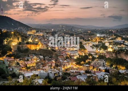 Tbilisi cityscape at twilight, Georgia Stock Photo