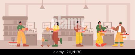 People use self service payment in supermarket. Automatic grocery shopping system with smart cashier robotic assistance. Modern checkout technology in store market, Line art flat vector illustration Stock Vector