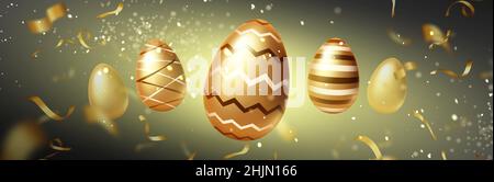 Gold Easter eggs on blurred background with golden confetti and glittering sparkles. Happy holiday banner, template for advertising, header or footer for website, Realistic 3d vector illustration Stock Vector