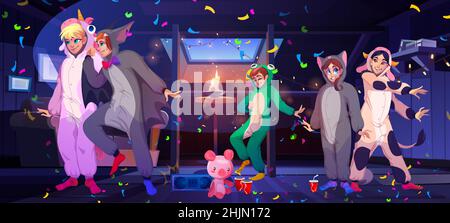 People dance on pajama party on house attic. Vector cartoon illustration of slumber party on mansard with characters in kigurumi, funny pyjamas of unicorn, frog and cow Stock Vector