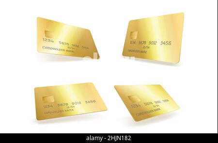 Gold plastic credit card template isolated on white background. Vector realistic mockup of 3d blank golden bank debit or discount card for vip service, premium club membership Stock Vector