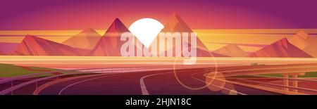 Car overpass road on lake shore with mountains and sun on horizon at sunset. Vector cartoon illustration of summer landscape with highway bridge, river and rocks at evening Stock Vector