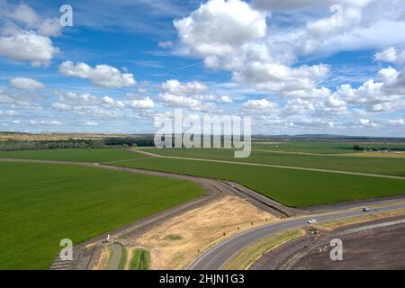 Aerial of irrigated cotton fields growing from water supplied by the Dawson River near Theodore Queensland Australia Stock Photo