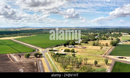 Aerial of irrigated cotton fields growing from water supplied by the Dawson River near Theodore Queensland Australia Stock Photo