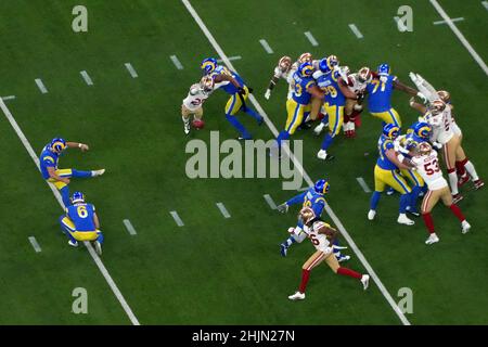 INGLEWOOD, CA - JANUARY 17: Los Angeles Rams kicker Matt Gay #8 gets extra  point with Los Angeles Rams punter Johnny Hekker #6 hold during the NFC  Wild Card playoff game between