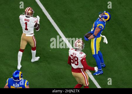 Inglewood, United States. 30th Jan, 2022. Los Angeles Rams' Cooper Krupp celebrates his fourth quarter first down against the San Francisco 49ers in their NFC Championship game at SoFi Stadium in Inglewood, California on Sunday, January 30, 2022. The Rams beat the Niners 20-17. Photo by Jon SooHoo/UPI Credit: UPI/Alamy Live News Stock Photo