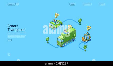 Smart transport banner. Concept of future autonomous vehicles, driverless electric cars. Vector landing page of automated transport with isometric unmanned truck, taxi and forklift Stock Vector