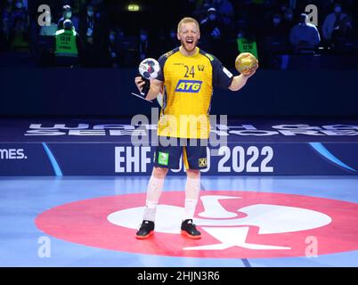 Jim Gottfridsson of Sweden during the EHF Men's Euro 2022, Final handball match between Sweden and Spain on January 30, 2022 at Budapest Multifunctional Arena in Budapest, Hungary. Photo by Laurent Lairys/ABACAPRESS.COM Stock Photo