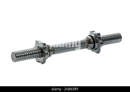 metal neck for dumbbells in disassembled form on a white isolated background Stock Photo