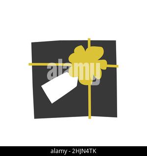 Vector isolated illustration in flat lay style. Black square gift box is paper wrapped and has yellow ribbon and white label as symbol of Christmas an Stock Vector