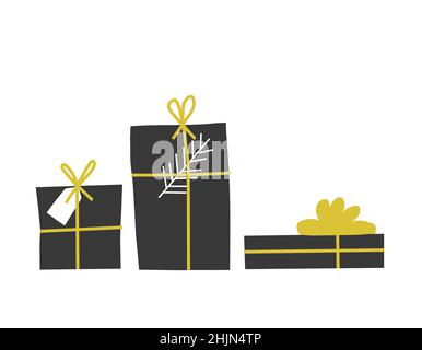 Vector isolated flat set with three black gift boxes. Presents have yellow ribbon, spruce branch, label. Symbol of Christmas and New Year surprise. Sim Stock Vector