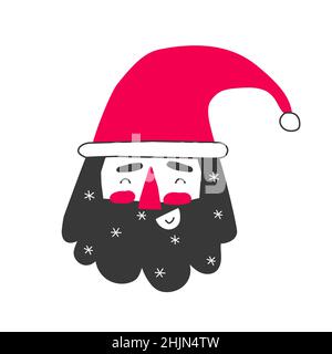 Vector isolated flat illustration of happy Santa Claus. Christmas portrait of smiling man with red hat, black beard with white snowflakes. Funny face Stock Vector