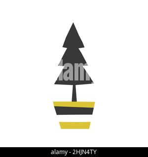 Vector isolated flat concept. Black Christmas tree is in pot for plants.  Fir and pine are Christmas and New Year symbol. Geometric shape on white bac Stock Vector
