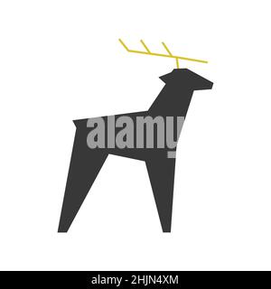 Vector isolated flat wild animal - reindeer. Black deer has yellow antlers. Christmas and New Year symbol. Simplified geometric shape of stag on white Stock Vector